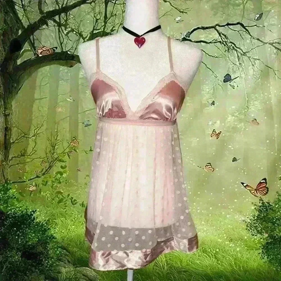 Y2k Satin Baby Pink Polka Dot Mini Slip - Picture 1 of 8